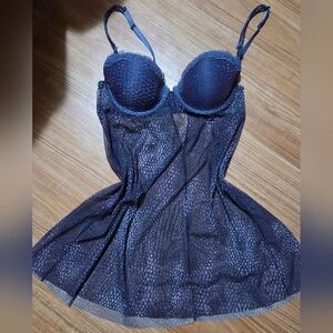 Womens Blue Snakeskin Print Babydoll Lace See Through Teddy Size M